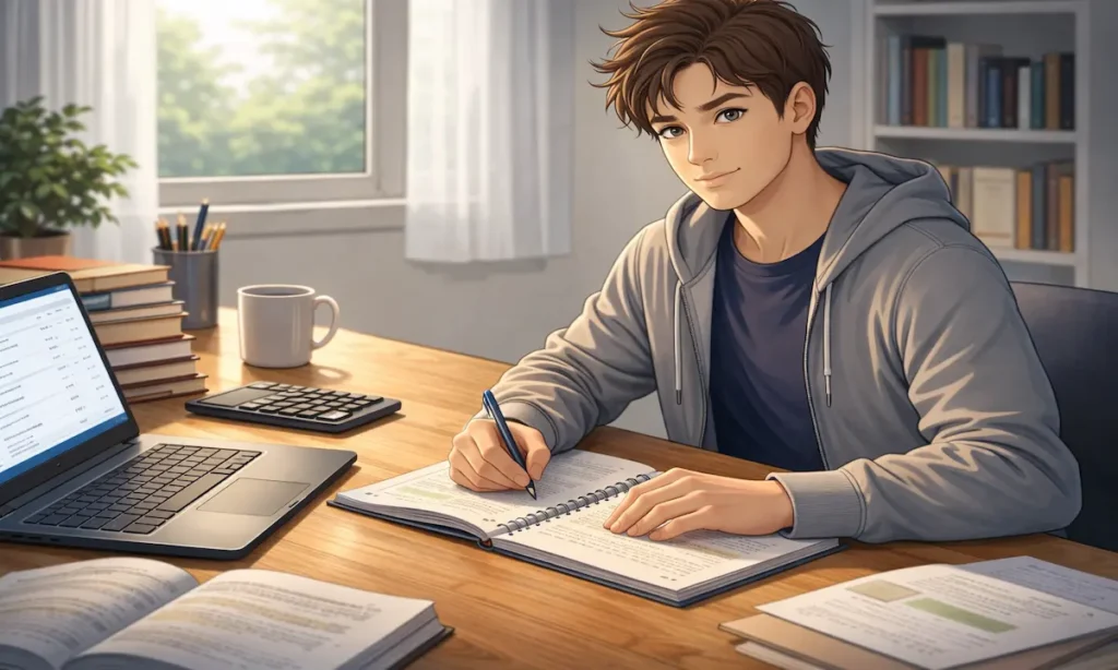 Student feeling confident after planning for a final exam.