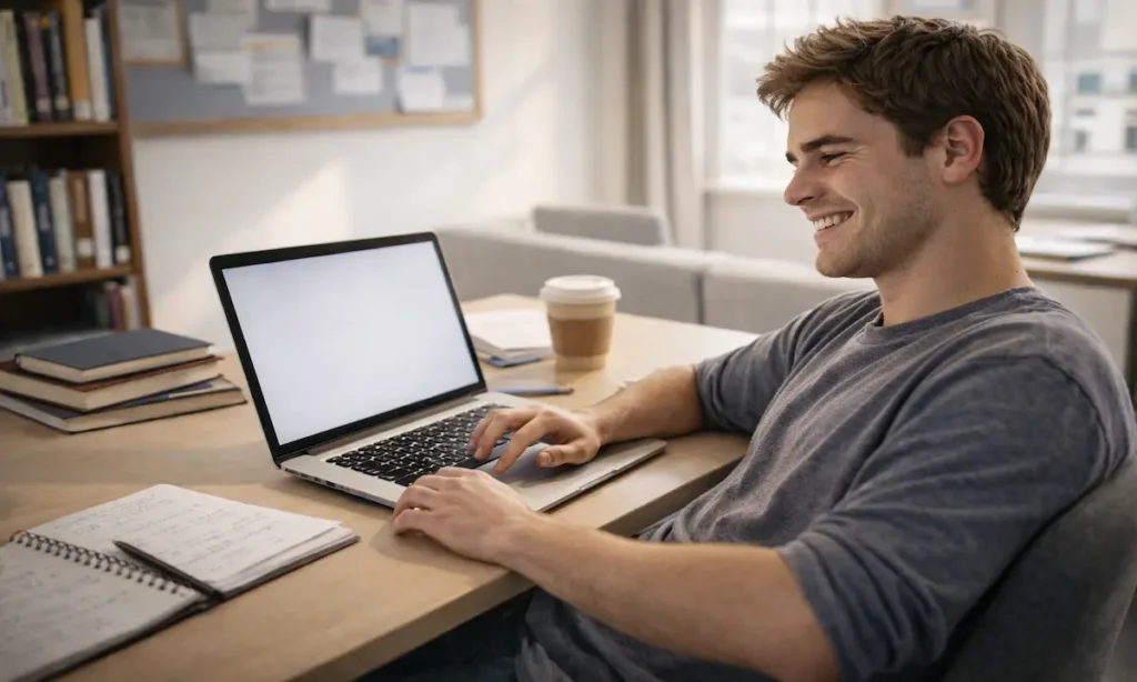 Student feeling relieved after calculating final exam grade

