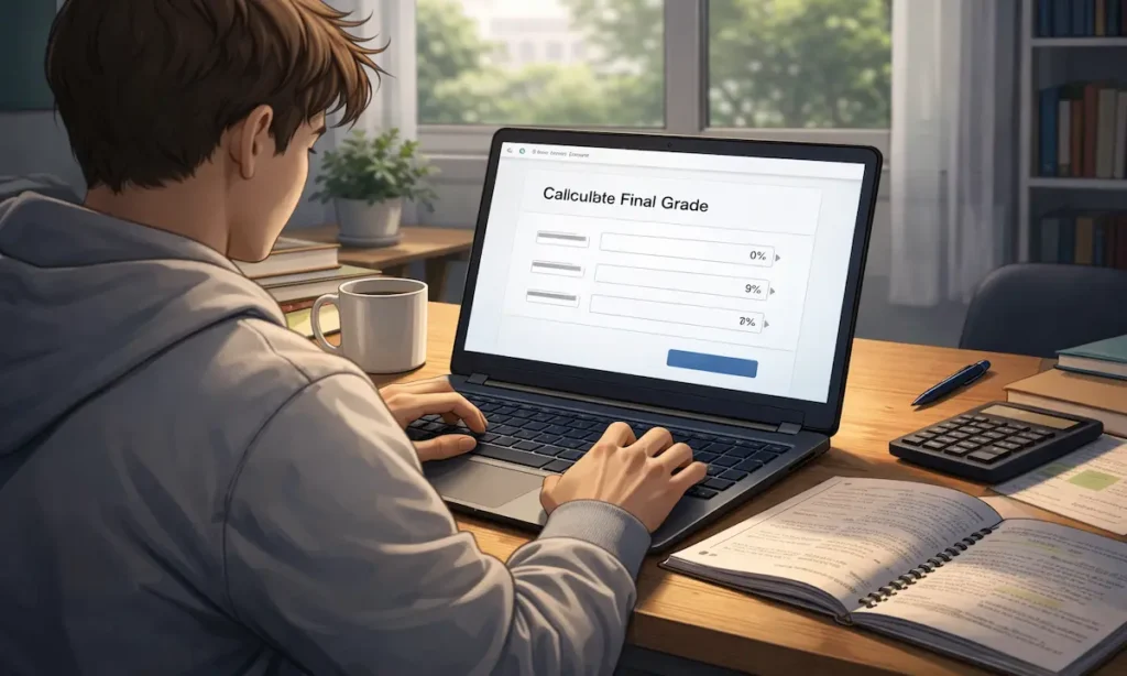 Student using an online final grade calculator on a laptop.