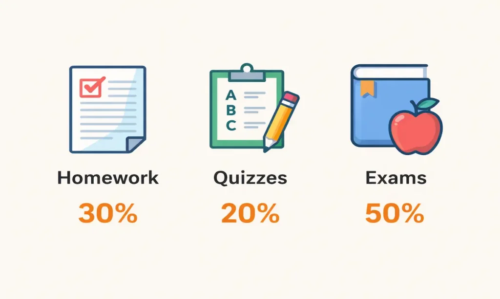 Weighted grade categories showing homework quizzes and exams with percentages