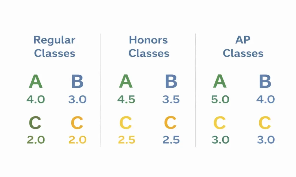 Weighted grading system showing extra points for honors and AP classes