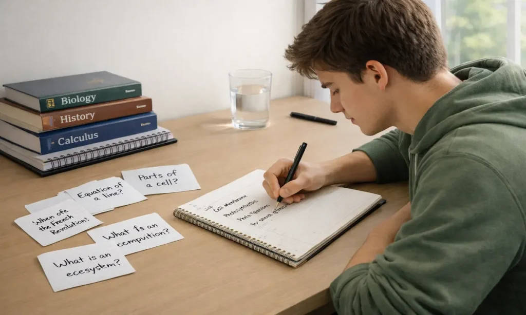 Student practicing active recall with flashcards while studying for finals