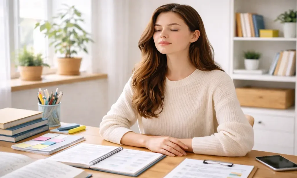 Student managing exam stress with calm breathing