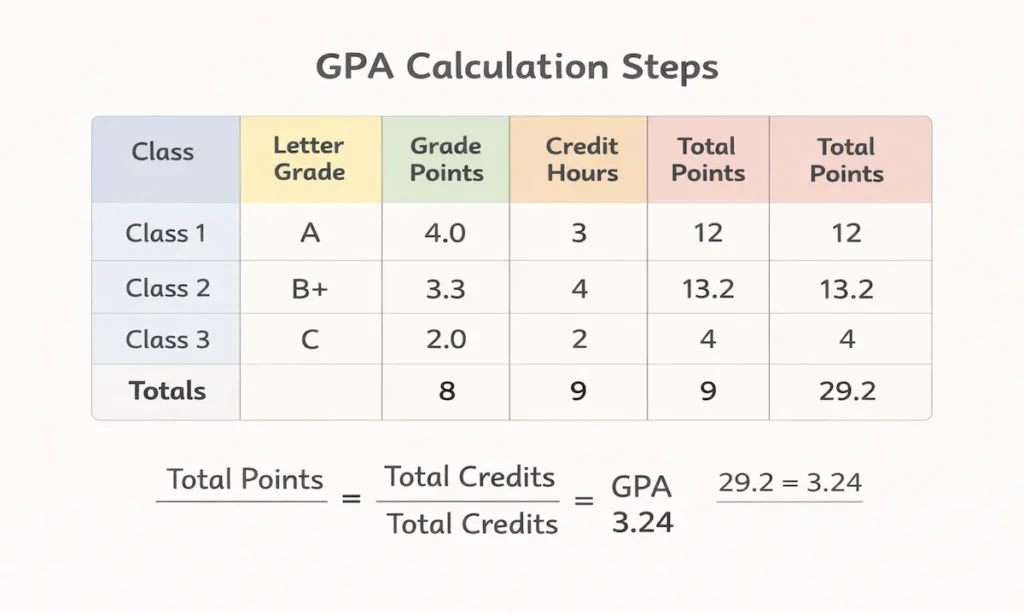 Step by step GPA calculation example table