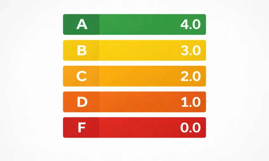 GPA scale showing grades from A to F on a 4.0 scale
