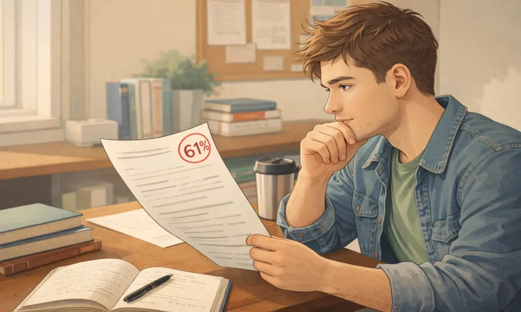 Student reviewing a test score around 60 percent and considering if they passed