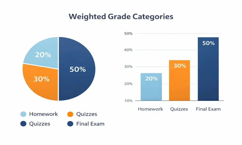 Weighted grade calculation showing homework quizzes and final exam percentages