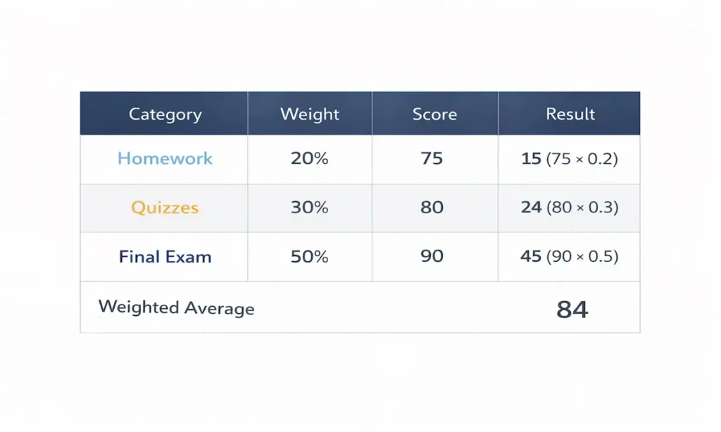 Weighted grade table example with homework quizzes and final exam