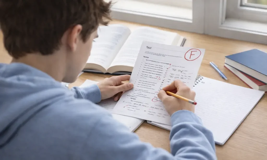 Student reviewing mistakes on a test paper while studying