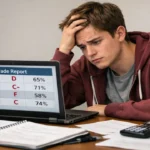 Confused student checking weighted grades before final exam