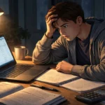 Student feeling stressed while checking grades before a final exam.