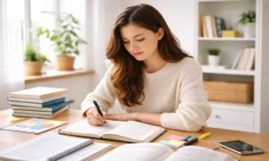 Student studying with notes to improve grades before exams