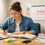 Student studying at desk preparing for finals to raise GPA