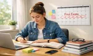 Student studying at desk preparing for finals to raise GPA