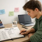 Student using a structured study plan at desk while preparing for finals