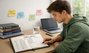 Student using a structured study plan at desk while preparing for finals
