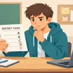 Student reviewing report card to understand passing grade