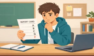 Student reviewing report card to understand passing grade