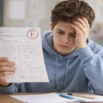 Student looking worried after receiving a bad test score in class