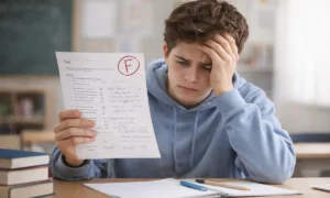 Student looking worried after receiving a bad test score in class